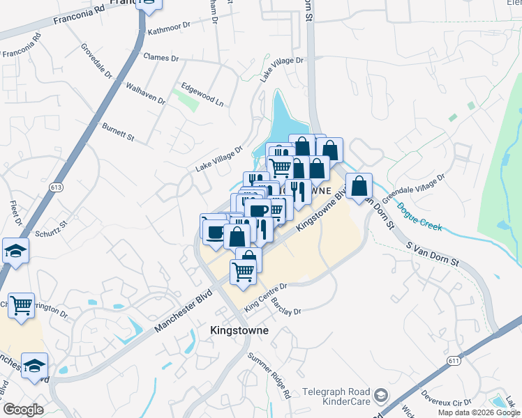 map of restaurants, bars, coffee shops, grocery stores, and more near Kingstowne Towne Center in Alexandria