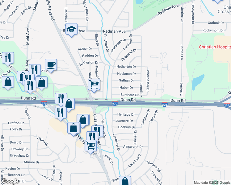 map of restaurants, bars, coffee shops, grocery stores, and more near 11011 Landseer Drive in St. Louis
