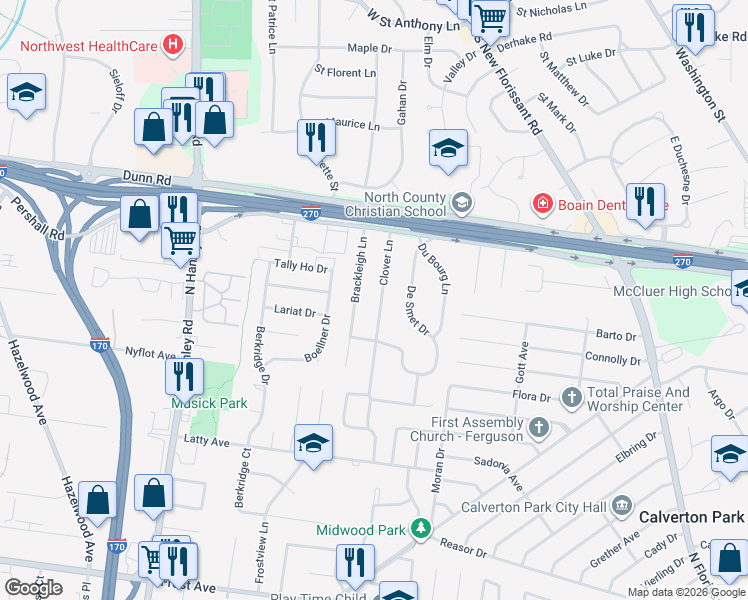 map of restaurants, bars, coffee shops, grocery stores, and more near 1730 Clover Lane in Florissant