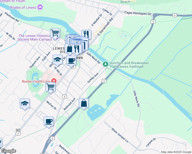 map of restaurants, bars, coffee shops, grocery stores, and more near 129 Schley Avenue in Lewes