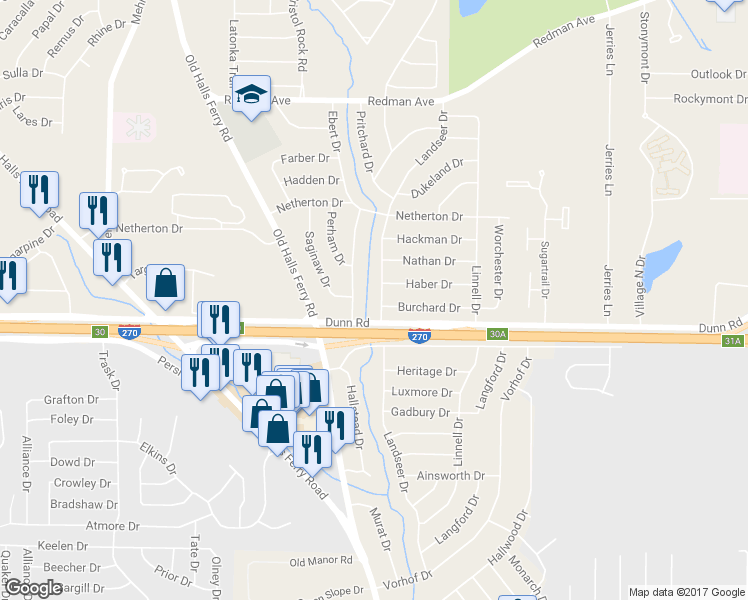 map of restaurants, bars, coffee shops, grocery stores, and more near 11011 Landseer Drive in St. Louis