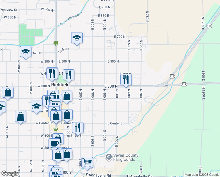 map of restaurants, bars, coffee shops, grocery stores, and more near 444 East 300 North in Richfield