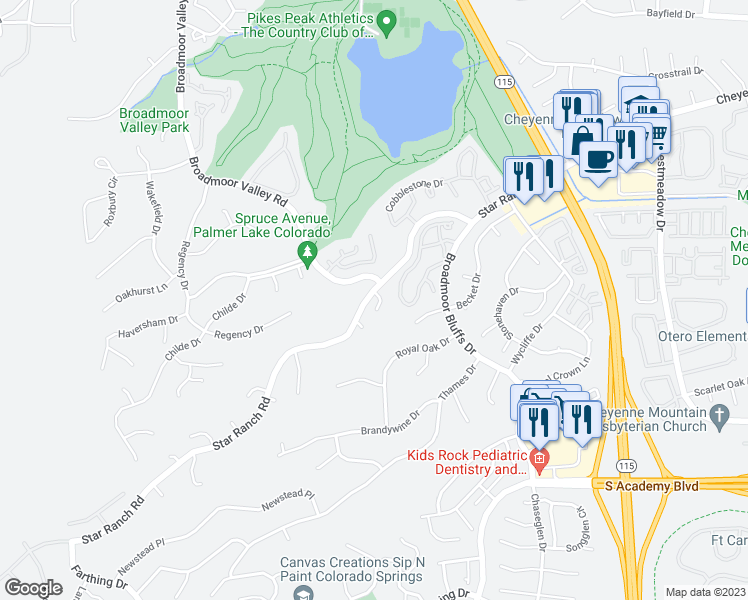 map of restaurants, bars, coffee shops, grocery stores, and more near 4212 Star Vista Court in Colorado Springs