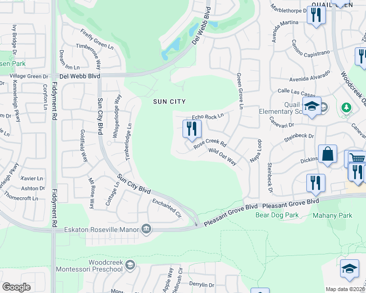 map of restaurants, bars, coffee shops, grocery stores, and more near 5019 Dragonfly Lane in Roseville