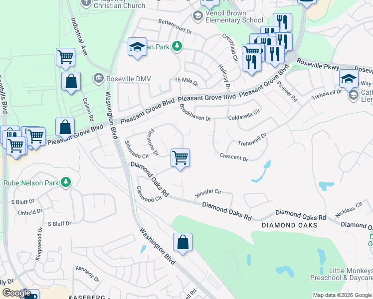 map of restaurants, bars, coffee shops, grocery stores, and more near 224 Firestone Drive in Roseville