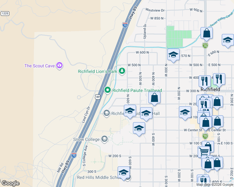 map of restaurants, bars, coffee shops, grocery stores, and more near 677 West 300 North in Richfield