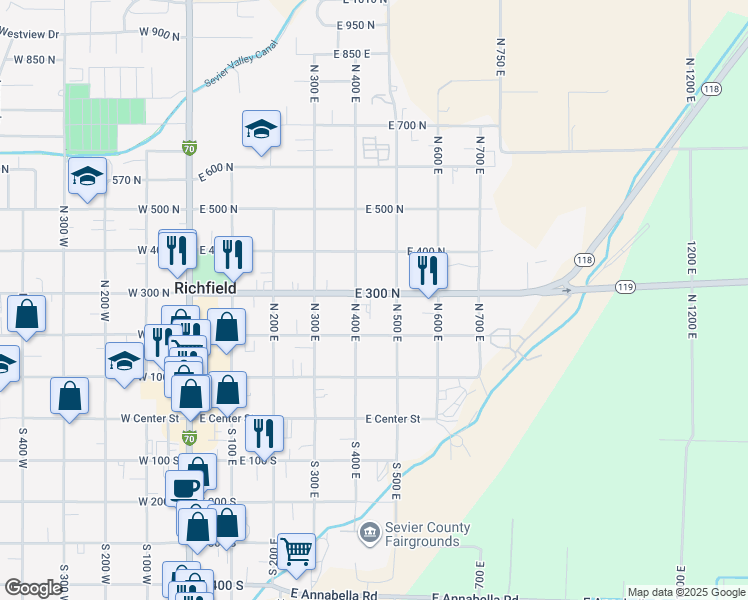 map of restaurants, bars, coffee shops, grocery stores, and more near 444 East 300 North in Richfield
