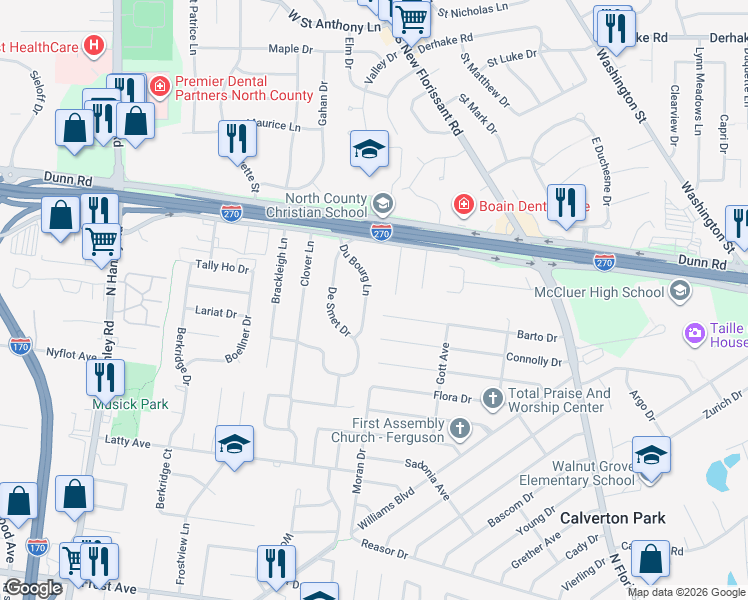 map of restaurants, bars, coffee shops, grocery stores, and more near 180 Du Bourg Lane in Florissant