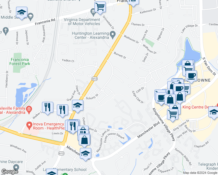 map of restaurants, bars, coffee shops, grocery stores, and more near 6148 Cinnamon Court in Alexandria