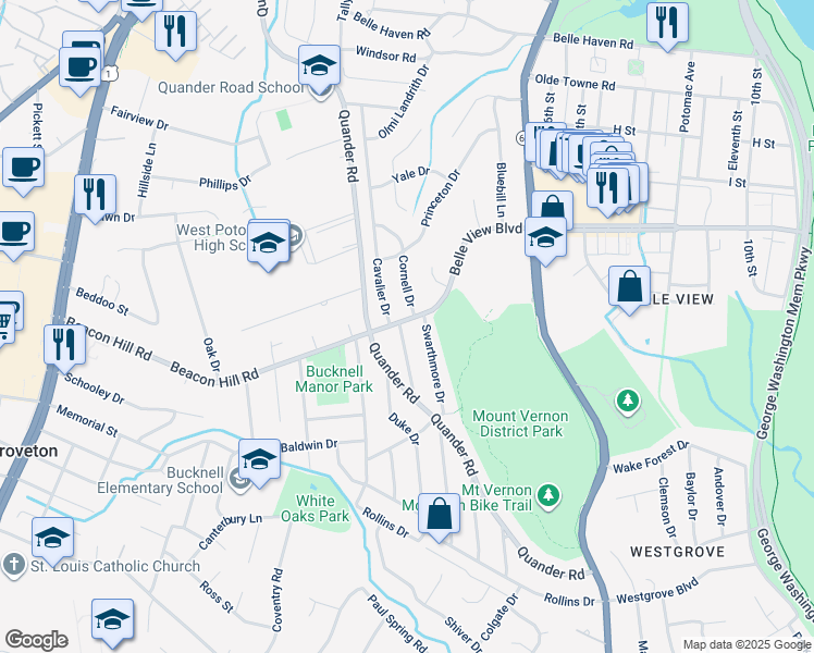 map of restaurants, bars, coffee shops, grocery stores, and more near 6713 Williams Drive in Alexandria