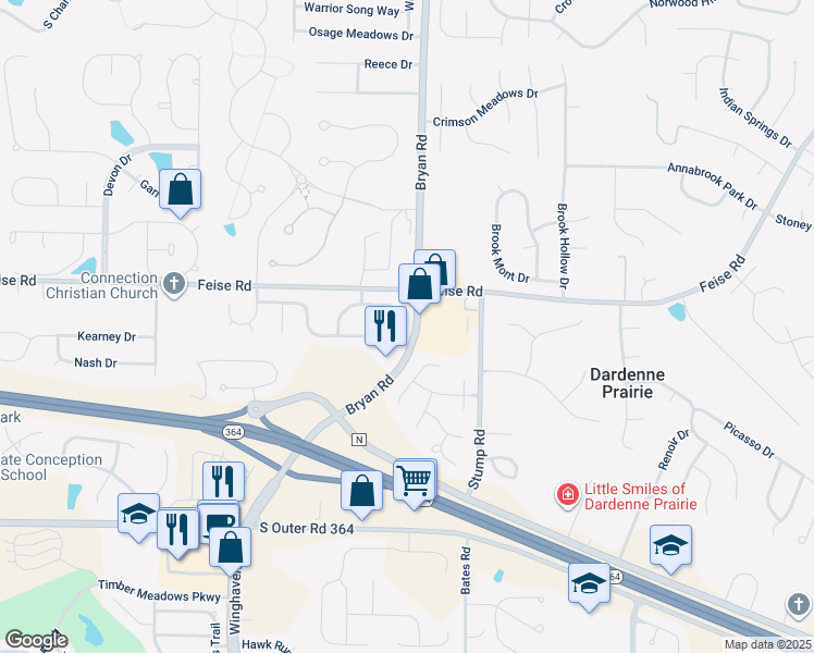 map of restaurants, bars, coffee shops, grocery stores, and more near 31 Heavenly Valley Drive in O'Fallon