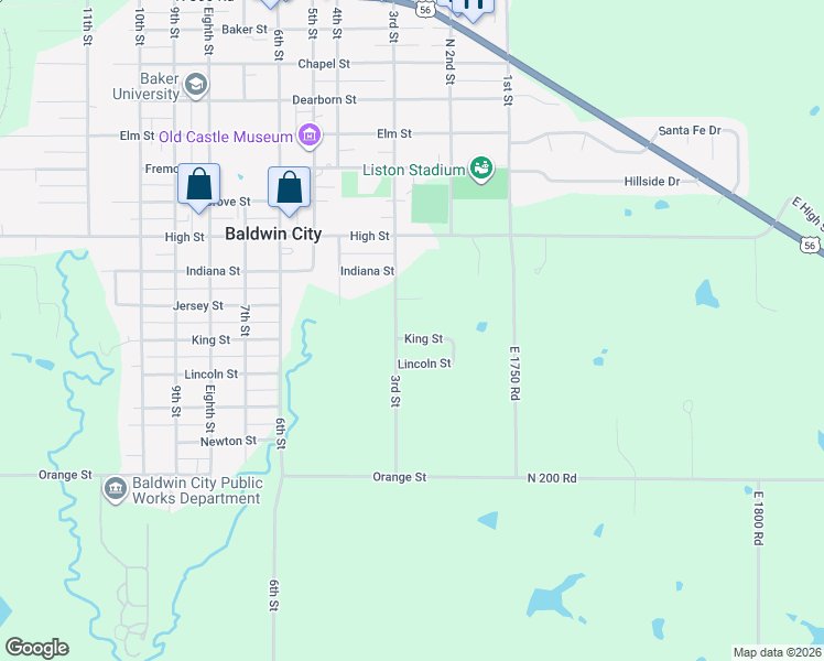 map of restaurants, bars, coffee shops, grocery stores, and more near 226 King Street in Baldwin City
