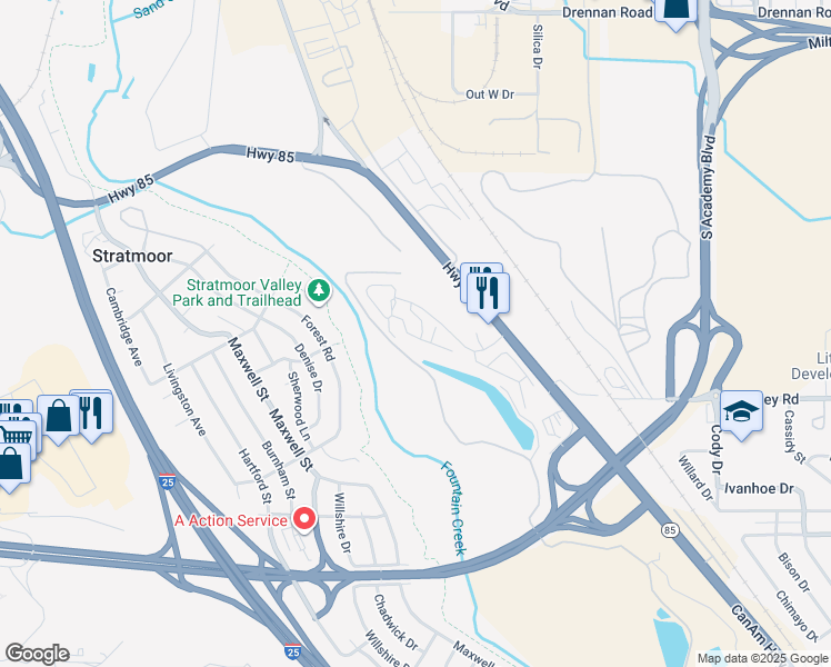 map of restaurants, bars, coffee shops, grocery stores, and more near 3115 Glenarm Road in Colorado Springs