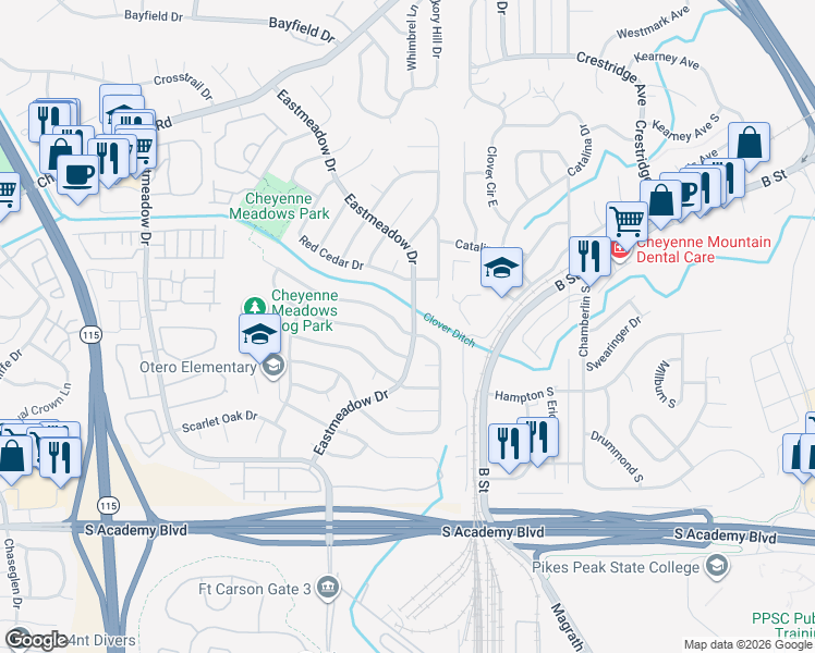 map of restaurants, bars, coffee shops, grocery stores, and more near 1484 Canoe Creek Drive North in Colorado Springs