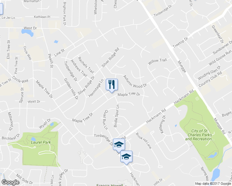 map of restaurants, bars, coffee shops, grocery stores, and more near 2516 Maple Tree Drive in Saint Charles