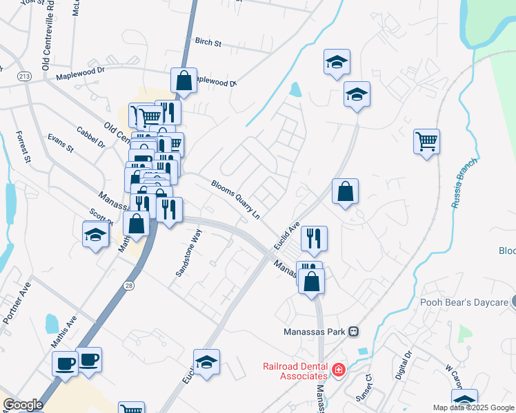 map of restaurants, bars, coffee shops, grocery stores, and more near 8188 Rainwater Circle in Manassas
