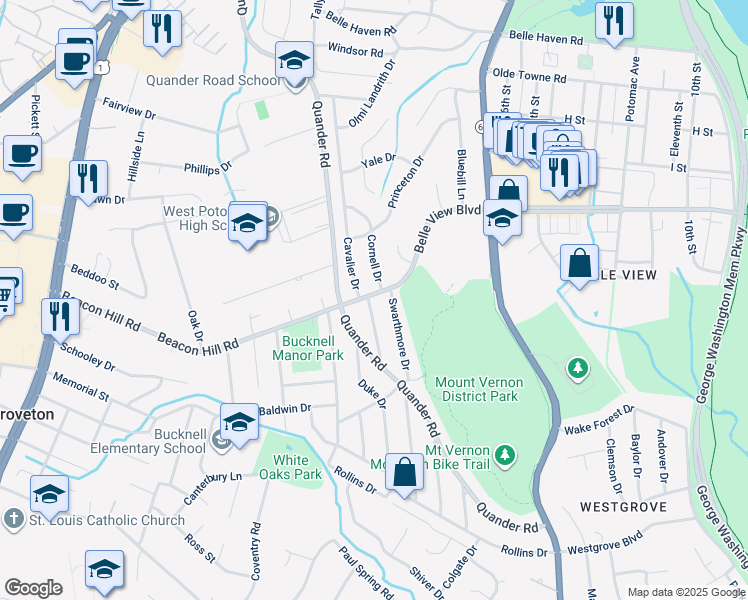 map of restaurants, bars, coffee shops, grocery stores, and more near 6713 Williams Drive in Alexandria