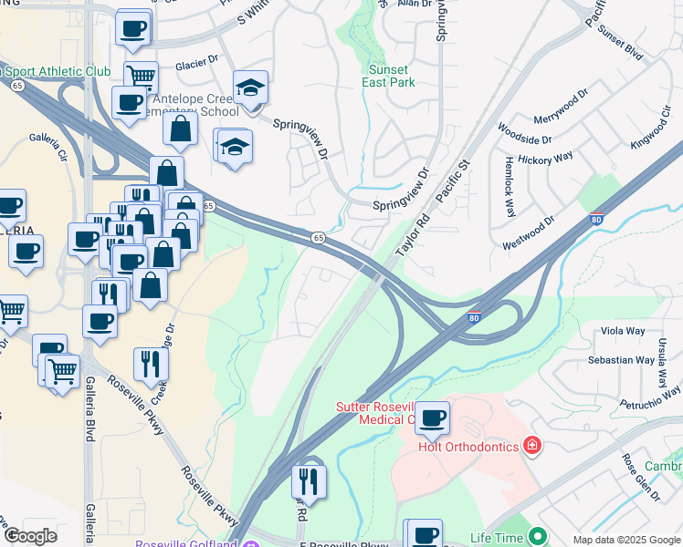 map of restaurants, bars, coffee shops, grocery stores, and more near 1299 Antelope Creek Drive in Roseville