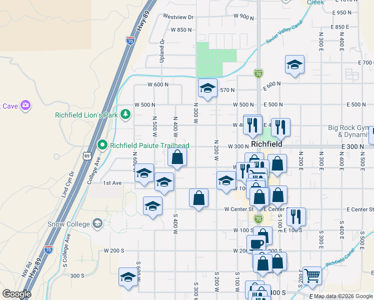 map of restaurants, bars, coffee shops, grocery stores, and more near 345 West 300 North in Richfield
