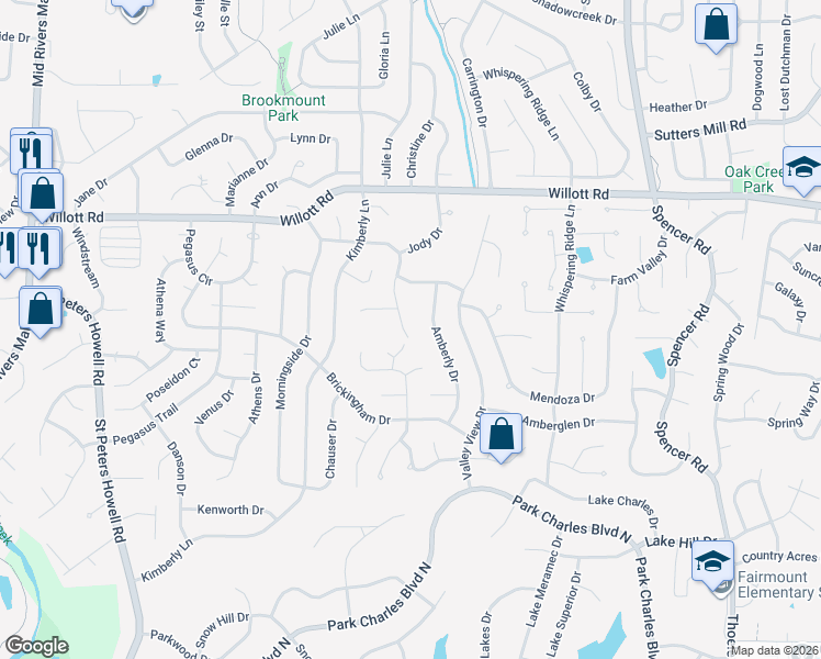 map of restaurants, bars, coffee shops, grocery stores, and more near 349 Westminster Drive in St. Peters