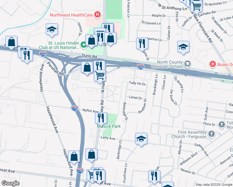 map of restaurants, bars, coffee shops, grocery stores, and more near 8606 Morningaire Circle in Hazelwood