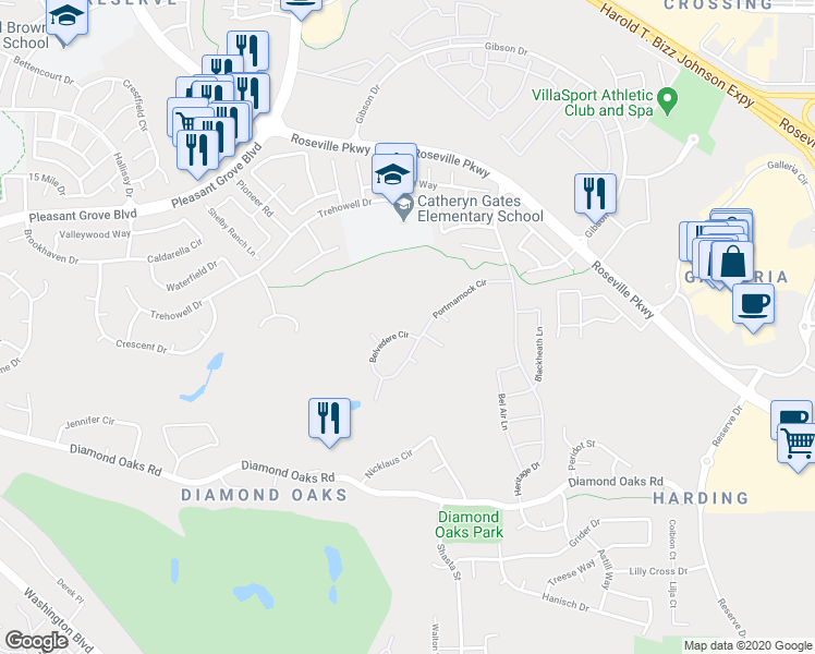 map of restaurants, bars, coffee shops, grocery stores, and more near 2108 Belvedere Circle in Roseville