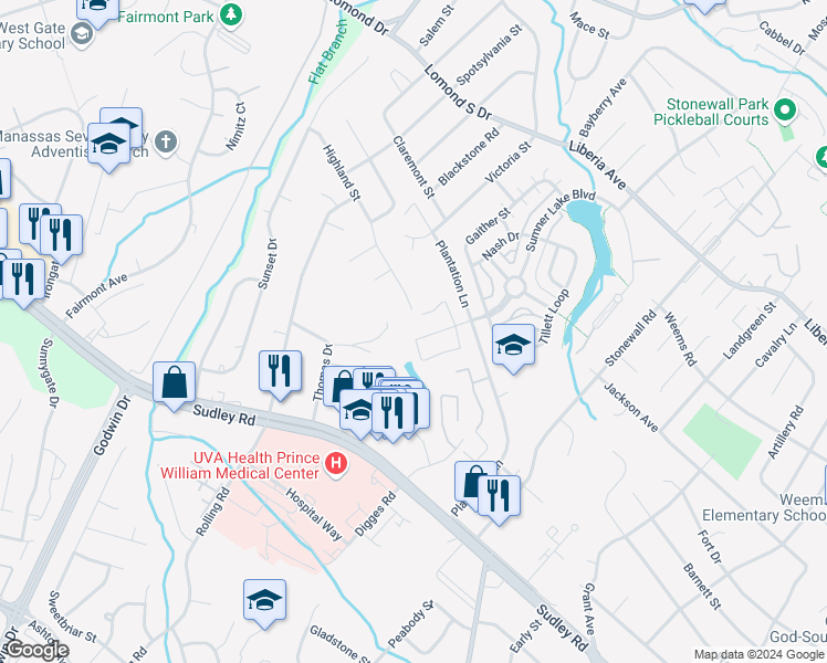 map of restaurants, bars, coffee shops, grocery stores, and more near 8343 Georgian Court in Manassas