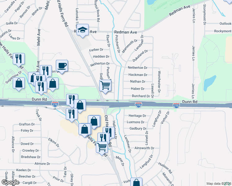 map of restaurants, bars, coffee shops, grocery stores, and more near 11005 Ebert Drive in St. Louis