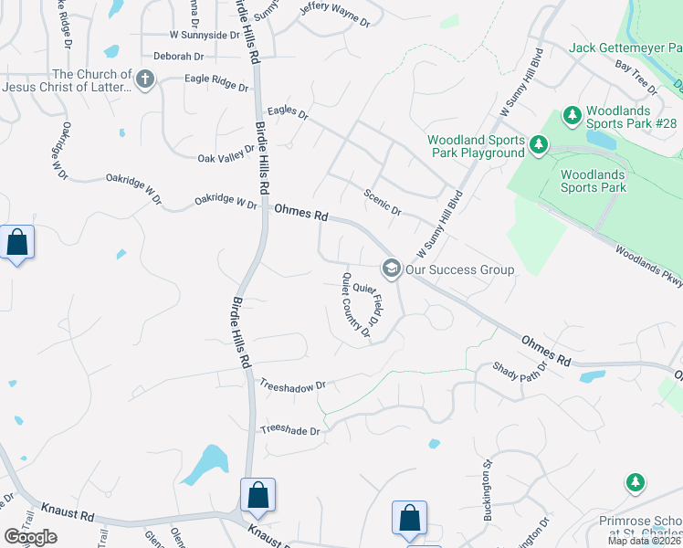 map of restaurants, bars, coffee shops, grocery stores, and more near 303 Quiet Country Drive in St. Peters