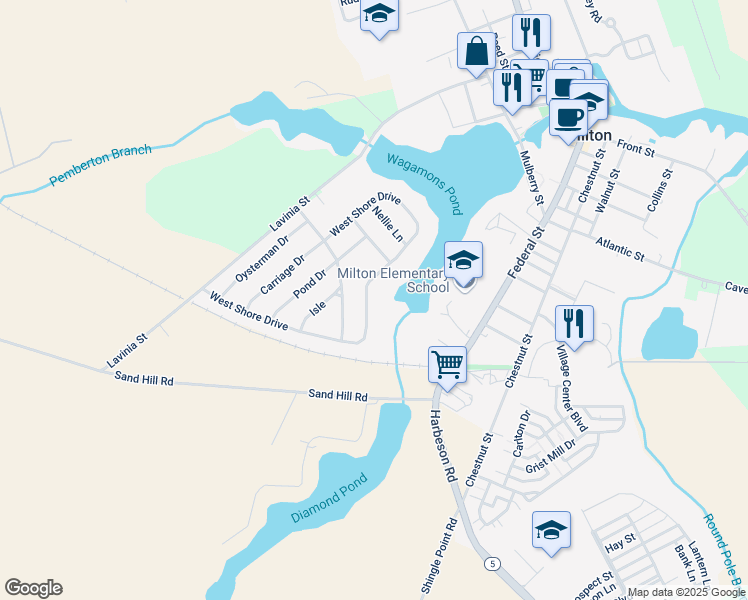 map of restaurants, bars, coffee shops, grocery stores, and more near 156 West Shore Drive in Milton