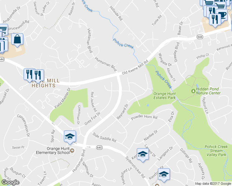 map of restaurants, bars, coffee shops, grocery stores, and more near 8803 Bridle Wood Drive in Springfield