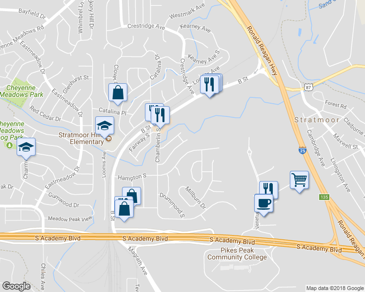 map of restaurants, bars, coffee shops, grocery stores, and more near 1965 Swearinger Drive in Colorado Springs