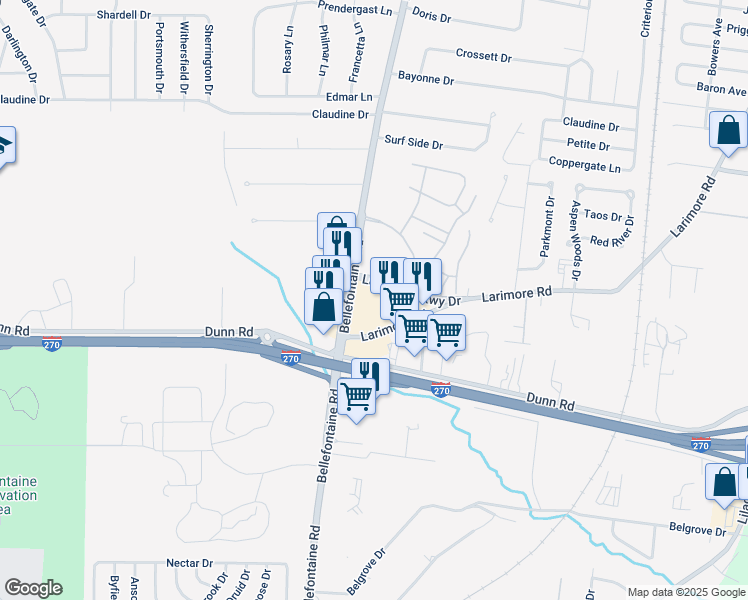 map of restaurants, bars, coffee shops, grocery stores, and more near 1544 Sierra Vista Plaza in St. Louis