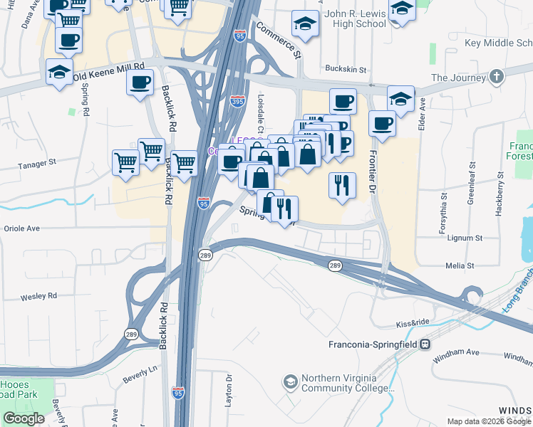 map of restaurants, bars, coffee shops, grocery stores, and more near 6782 Spring Mall Drive in Springfield
