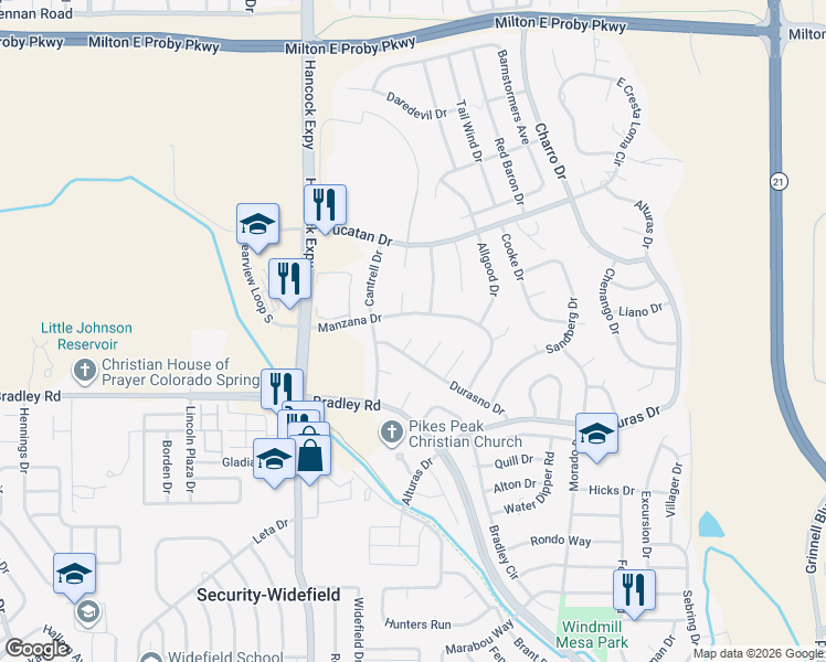 map of restaurants, bars, coffee shops, grocery stores, and more near 4909 Durasno Lane in Colorado Springs