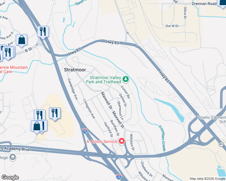 map of restaurants, bars, coffee shops, grocery stores, and more near 1143 Denise Drive in Colorado Springs