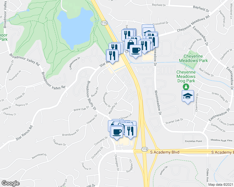 map of restaurants, bars, coffee shops, grocery stores, and more near 4105 Stepney Court in Colorado Springs