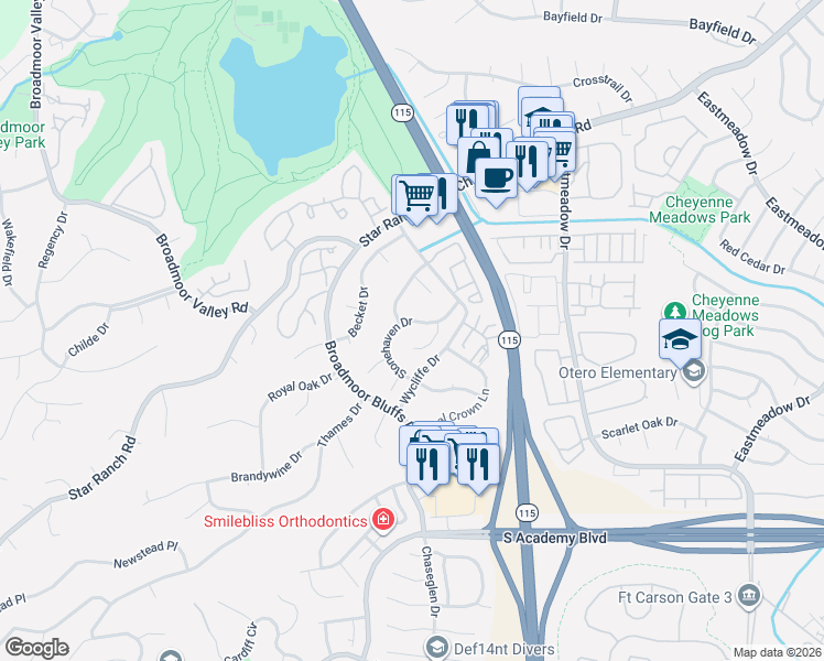 map of restaurants, bars, coffee shops, grocery stores, and more near 4165 Stonehaven Drive in Colorado Springs