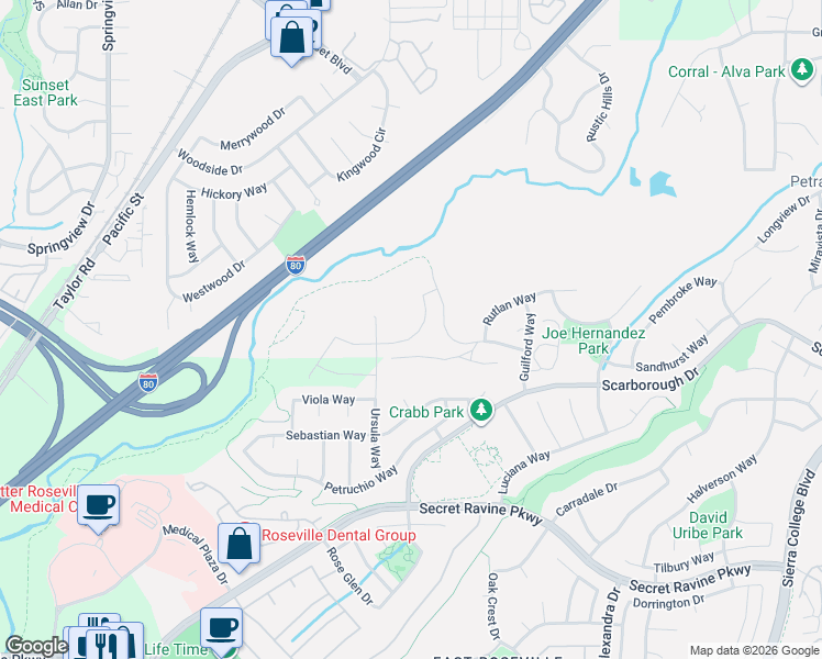 map of restaurants, bars, coffee shops, grocery stores, and more near 3812 Calverhall Way in Rocklin