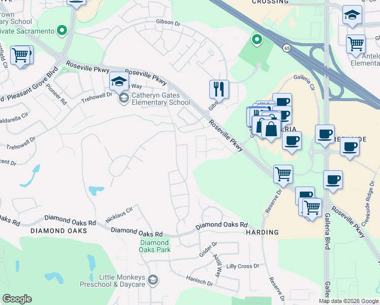 map of restaurants, bars, coffee shops, grocery stores, and more near 2240 Heritage Drive in Roseville