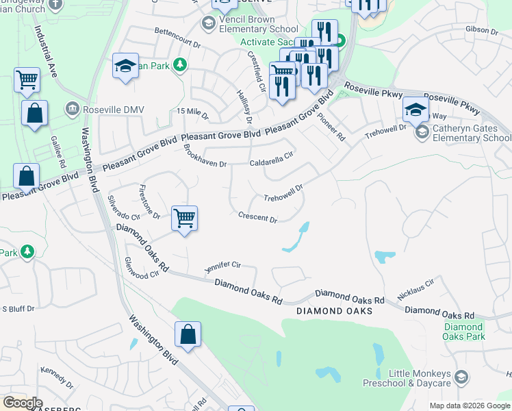 map of restaurants, bars, coffee shops, grocery stores, and more near 313 Crescent Drive in Roseville