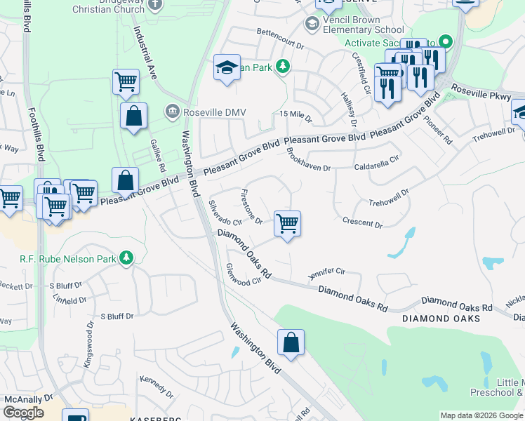 map of restaurants, bars, coffee shops, grocery stores, and more near 103 Cypress Lane in Roseville