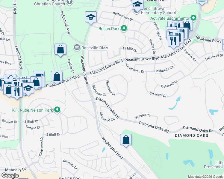 map of restaurants, bars, coffee shops, grocery stores, and more near 100 Silverado Circle in Roseville