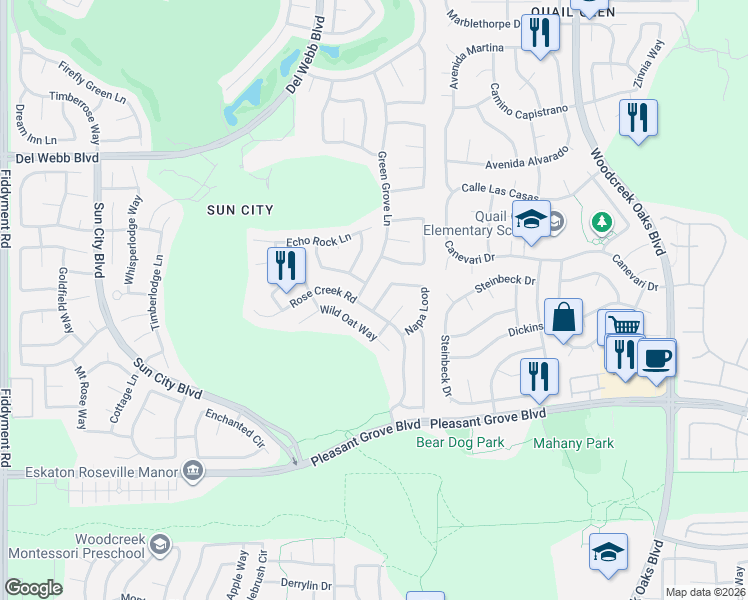 map of restaurants, bars, coffee shops, grocery stores, and more near 4309 Napa Loop in Roseville