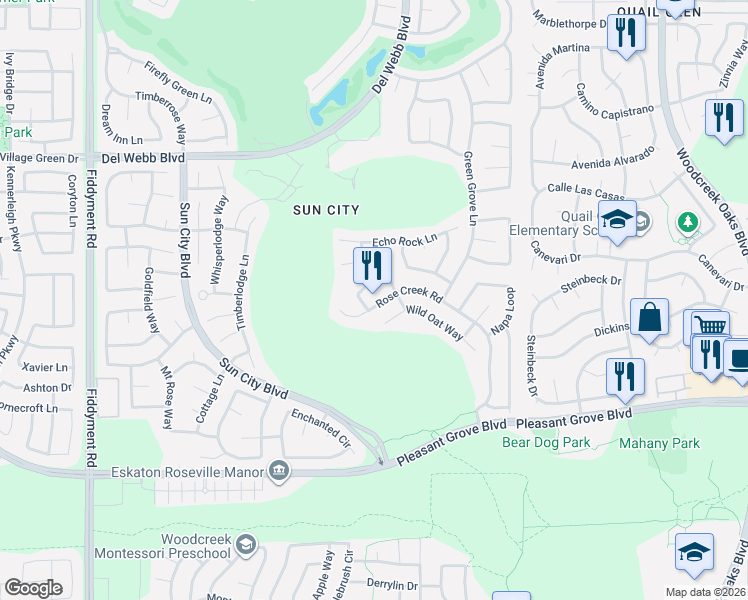 map of restaurants, bars, coffee shops, grocery stores, and more near 5019 Dragonfly Lane in Roseville