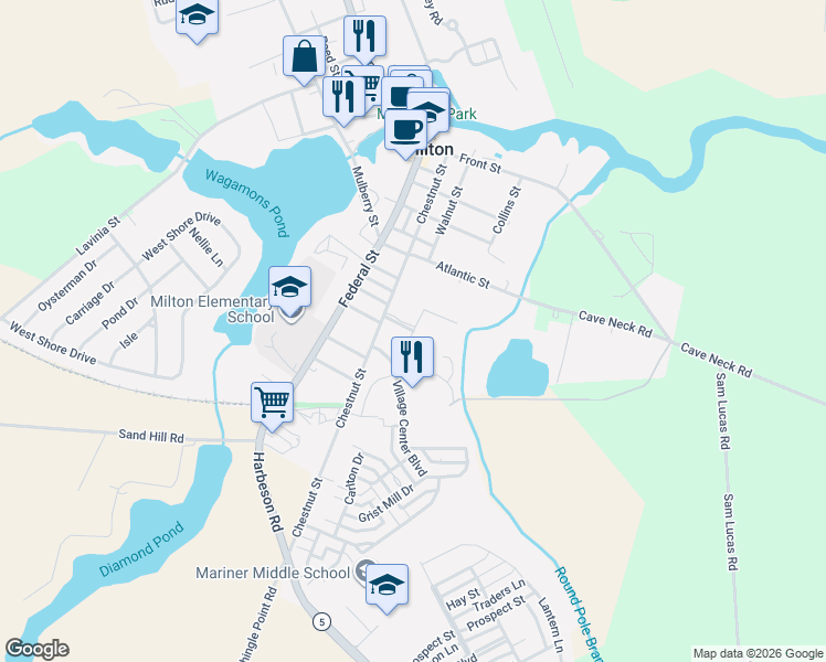 map of restaurants, bars, coffee shops, grocery stores, and more near 200 Sassafras Lane in Milton