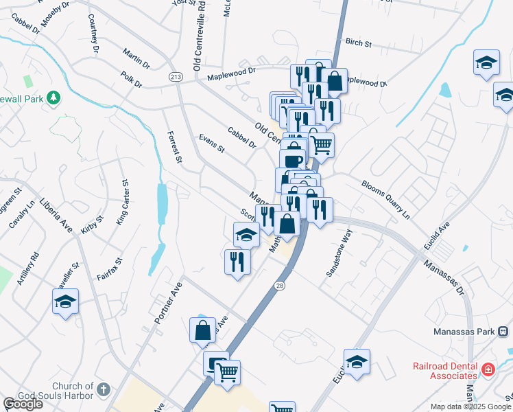 map of restaurants, bars, coffee shops, grocery stores, and more near 111 Manassas Drive in Manassas Park