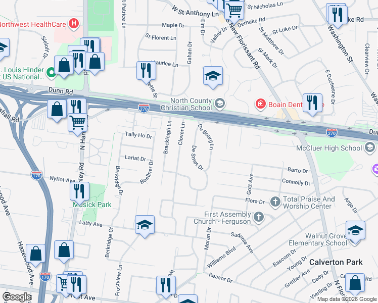 map of restaurants, bars, coffee shops, grocery stores, and more near 190 De Smet Drive in Florissant