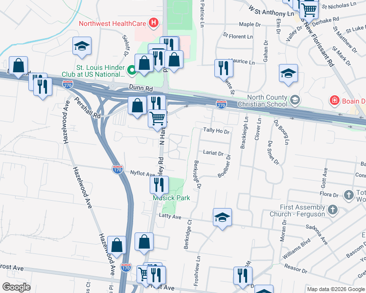 map of restaurants, bars, coffee shops, grocery stores, and more near 8606 Morningaire Circle in Hazelwood