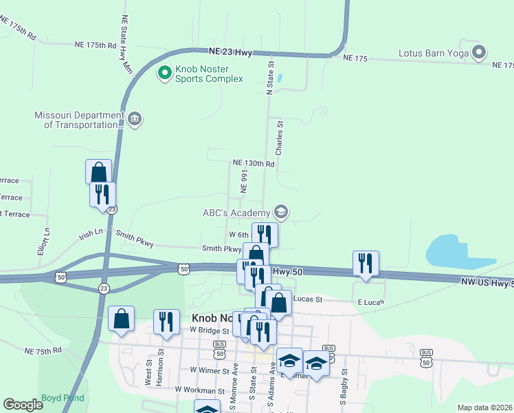map of restaurants, bars, coffee shops, grocery stores, and more near 101 8th Street in Knob Noster